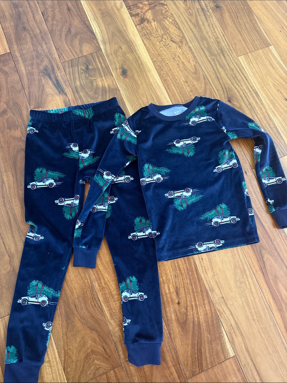 Carter's Navy Blue Pajama Set with Green Tree & White Car Print
